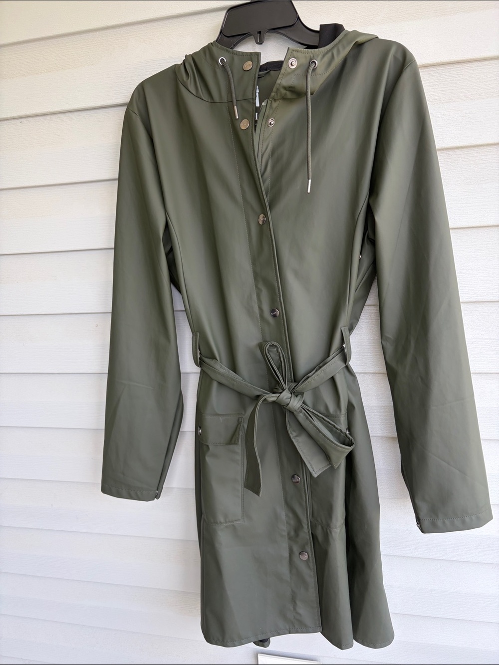 Rains Olive Green Hooded Trench rain Coat with Waist Tie